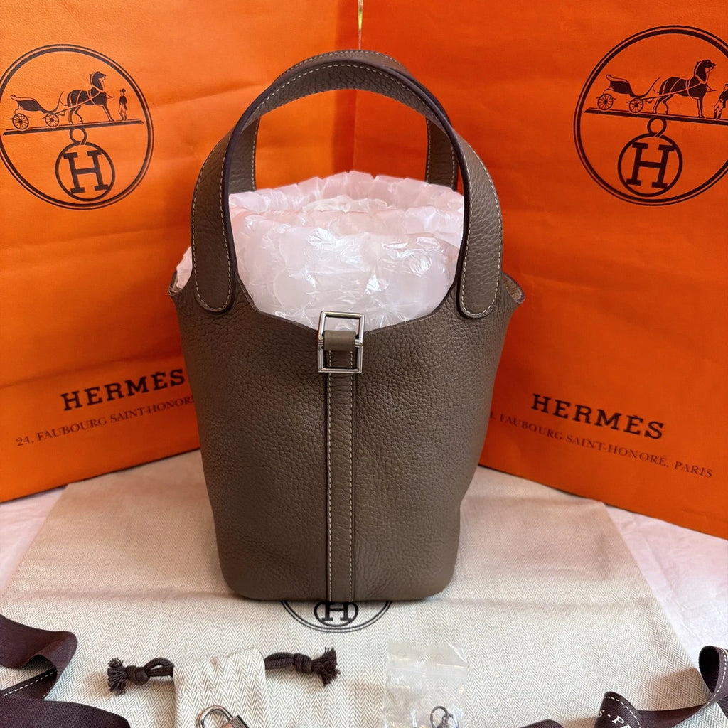 Excellent Hermes Picotin18 Tote Gray Handbag Silver Hardware with Key and Lock