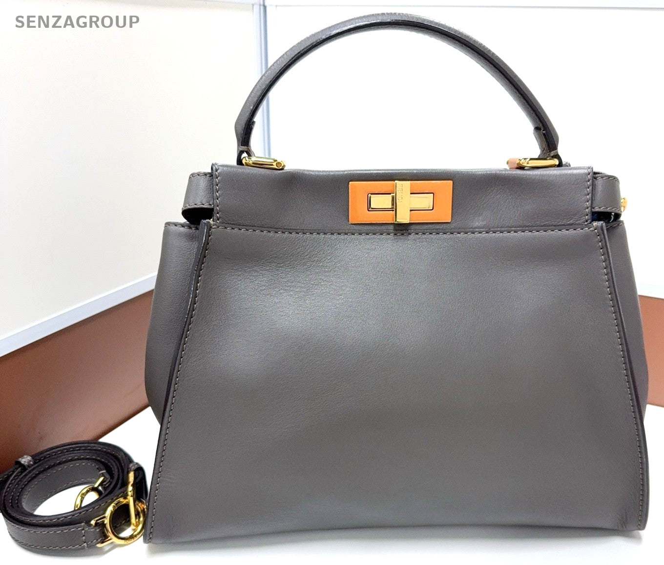 Fendi  Peekaboo MM Top Handle 2way Shoulder Handbag Gray