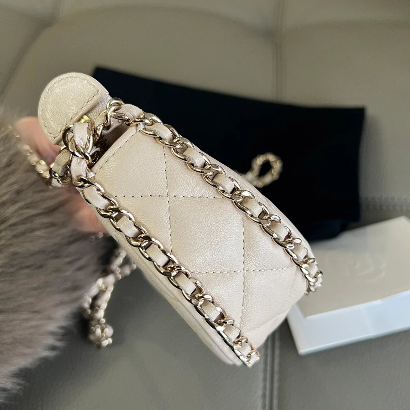 Authentic Chanel Hobo MINI Chain Shoulder Crossbody Bag White Gold Hardware