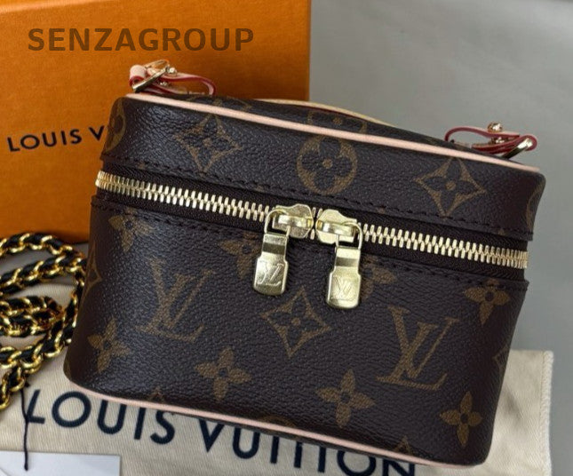 Louis Vuitton Monogram Nice Nano Top Handle Bag Chain Crossbody Brown Women