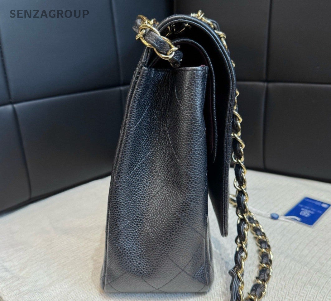Chanel Classic Flap Chain Maxi Calfskin Diamond Shoulder Bag Black Gold Women