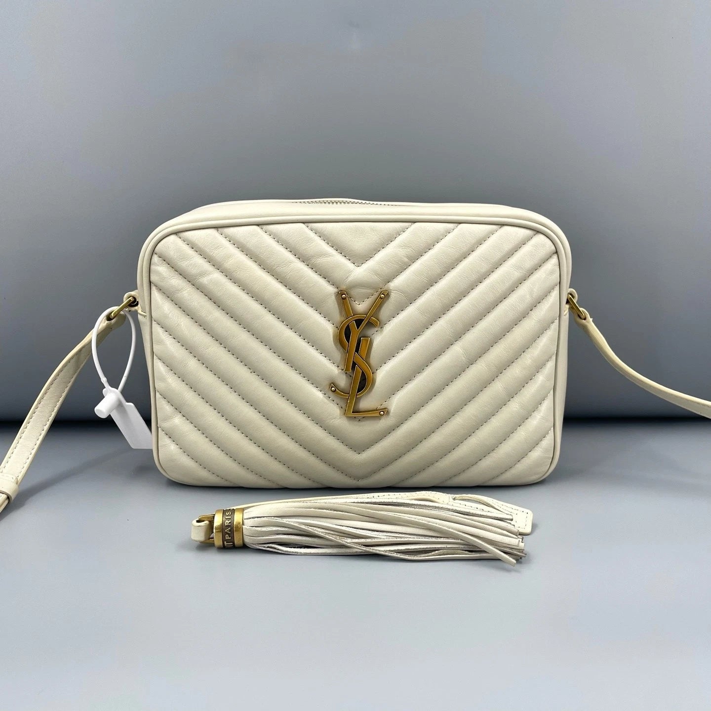 YSL White Leather Fringe Camera Crossbody Bag For Women