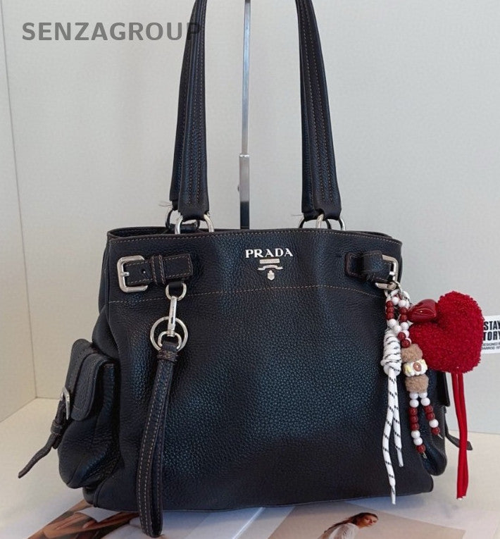 Prada Calfskin Tote Shoulder Bag Black Silver Used Women Classic
