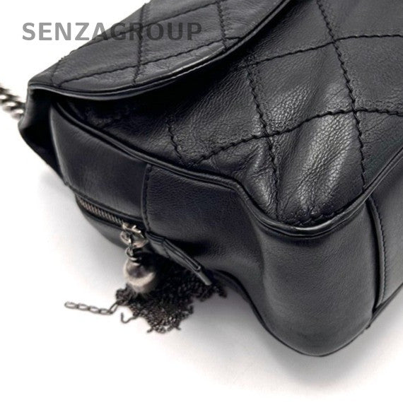 Chanel Classic Flap Diamond Pattern Chain Shoulder Bag Black Silver Used Women