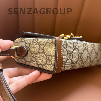 Gucci 1955 GG Supreme Brown Gold Buckle Women's Crossbody Phone Bag