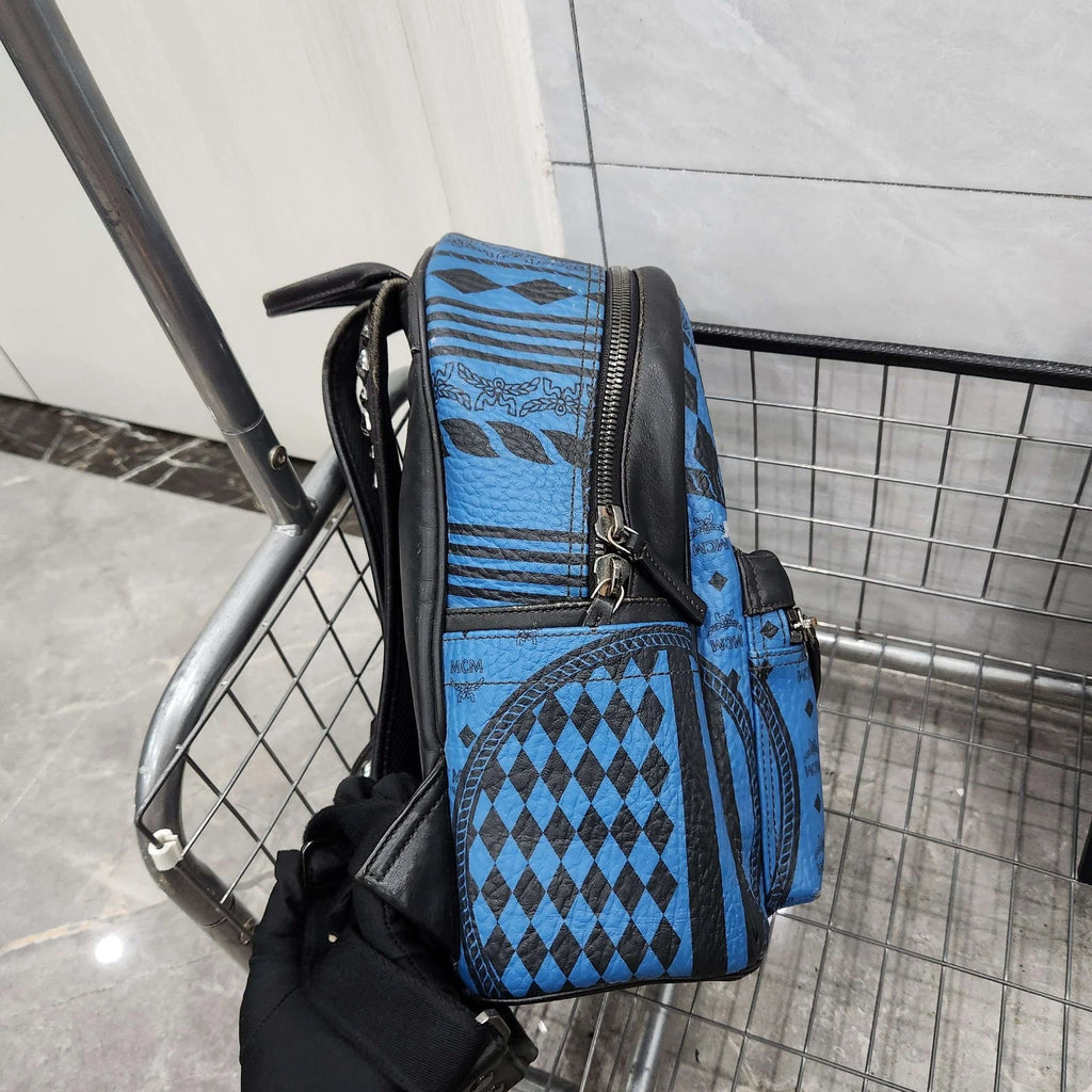 MCM Canvas Coated Black Blue Graffiti Rivet Backpack for Women