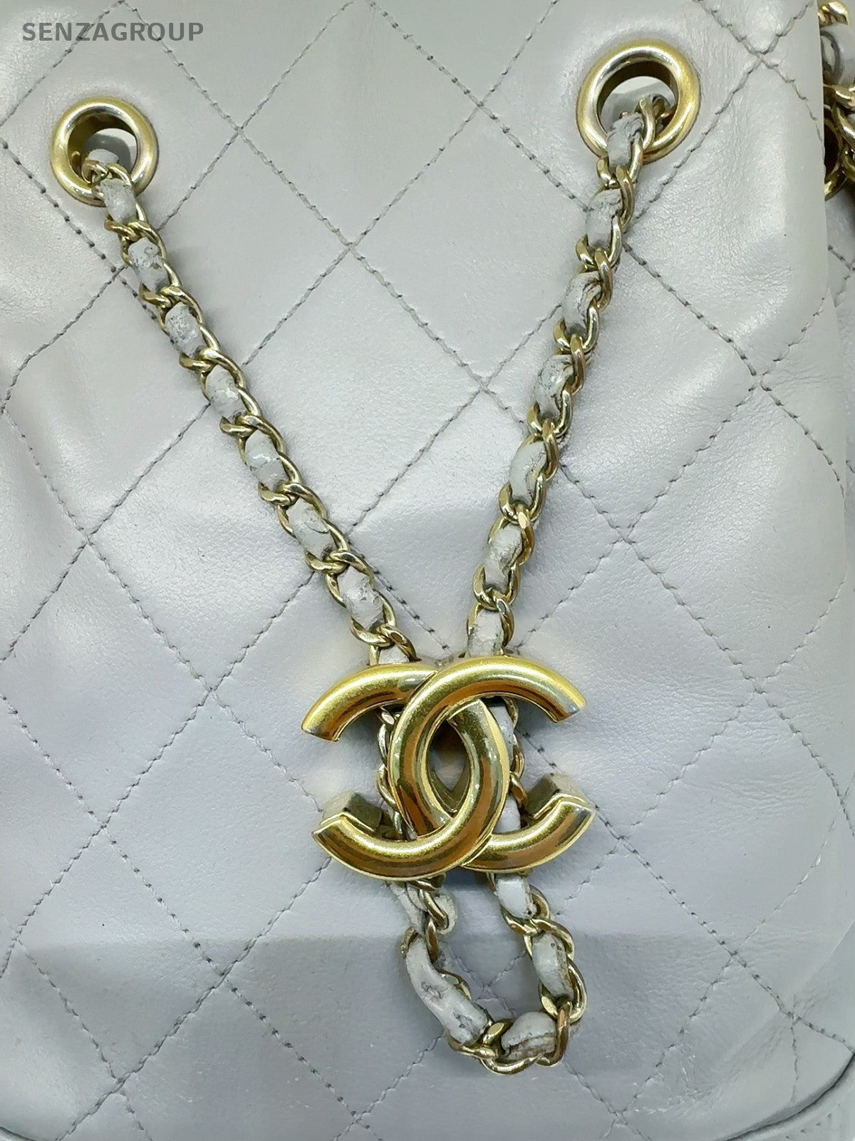 CHANEL Bucket Drawstring Calfskin Chain Shoulder bag Crossbody Gray Gold Women