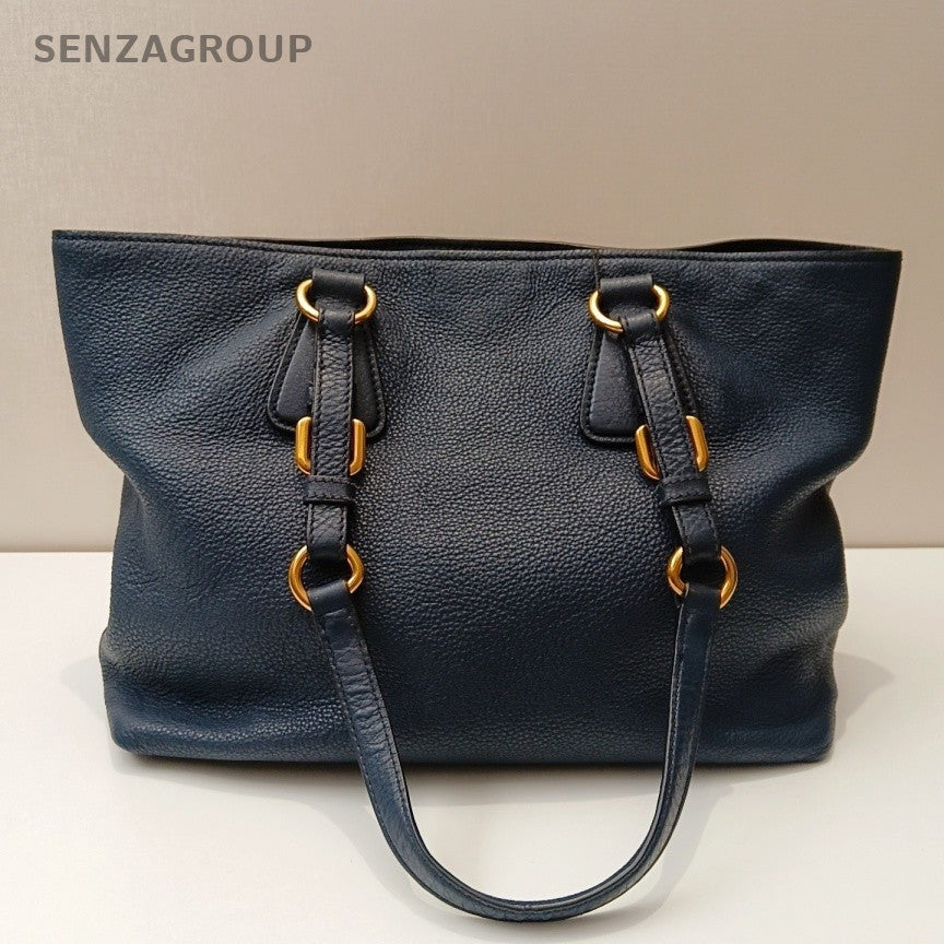 Prada Calfskin Tote Shoulder Bag Blue Gold Used Women Classic