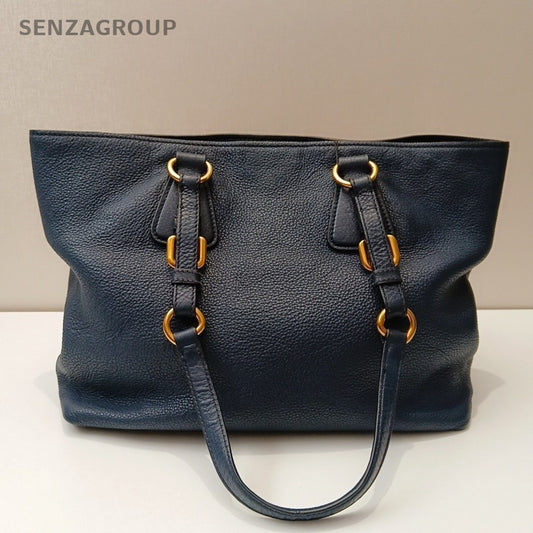 Prada Calfskin Tote Shoulder Bag Blue Gold Used Women Classic