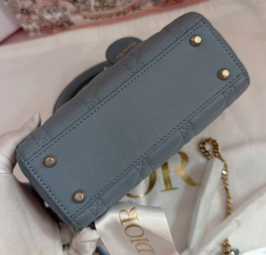 Christian Dior Lady Dior Chain Crossbody Top Handle Bag Blue Gold Women Classic