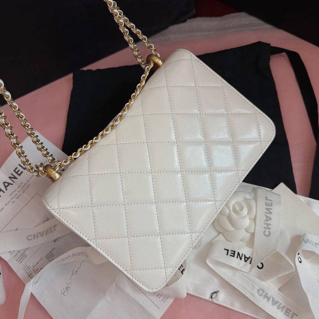Chanel Diamond Calfskin Chain Shoulder Crossbody White Gold Women Classic