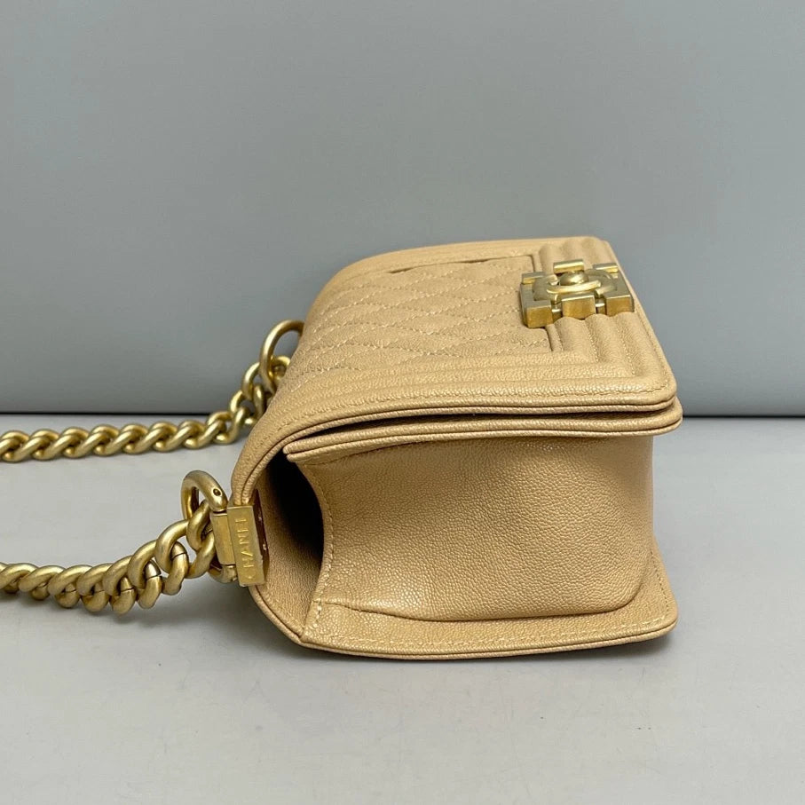 Chanel Leboy PM Calfskin Chain Shoulder Bag Crossbody Beige Gold Women Classic