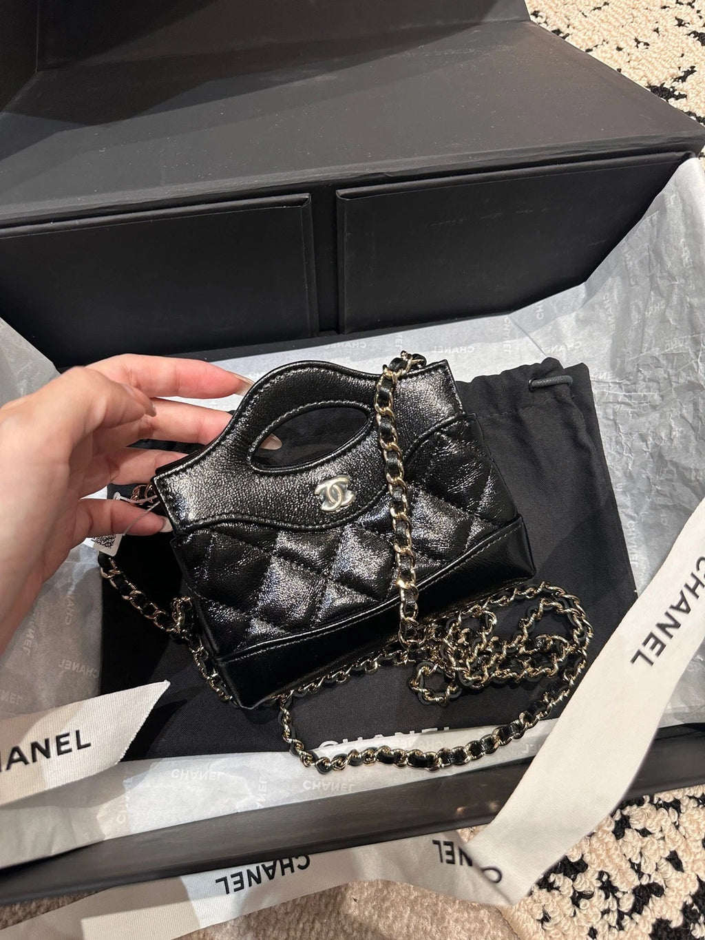 CHANEL 31Bag Nano Mini Black Gold Lambskin Tote For Women