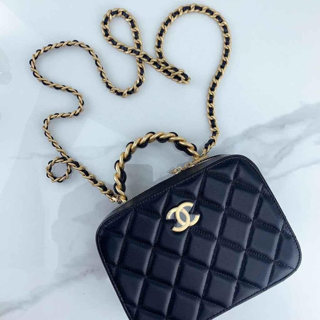 CHANEL Black Gold Lambskin Crossbody Handbag Vanity Bag For Women