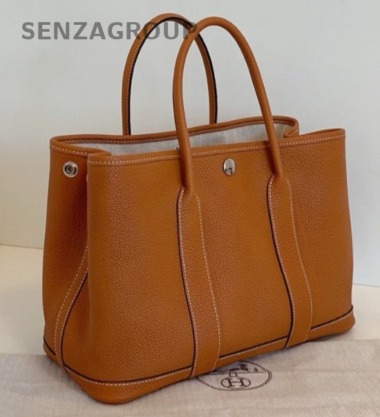 Hermes Garden Party30 Top Handle Bag Brown Silver Women Classic Fashion