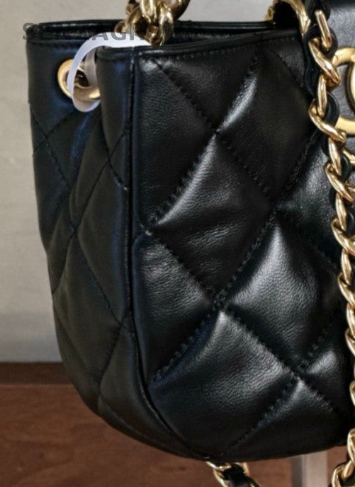 Chanel Mini Hobo Chain Handbag Shoulder Bag Black Gold Used Women Classic
