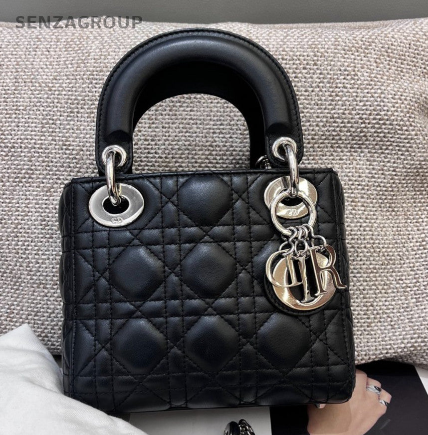 Christian Dior Lady Dior Chain Top Handle Bag Crossbody Black Red Silver Women