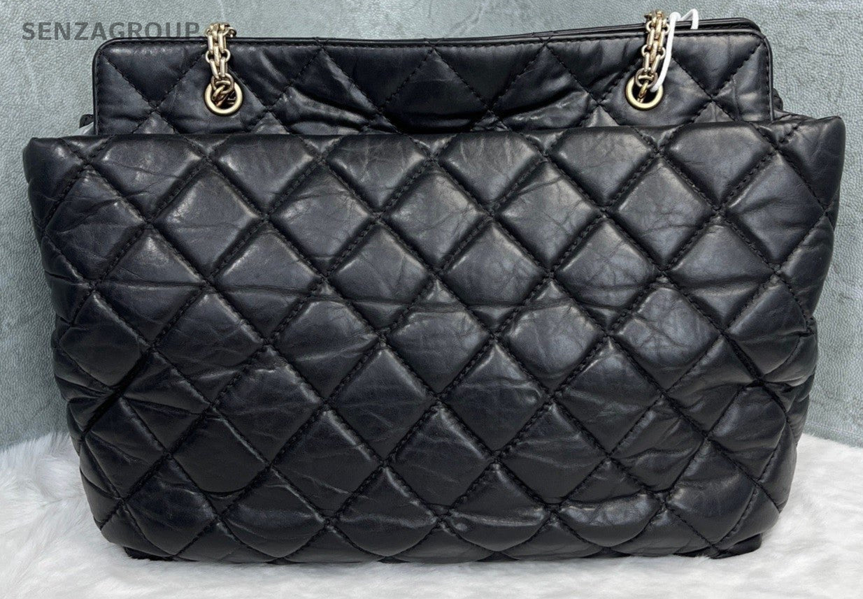 Chanel Tote Chain Shoulder Bag Gold Black Diamond Pattern Women Classic