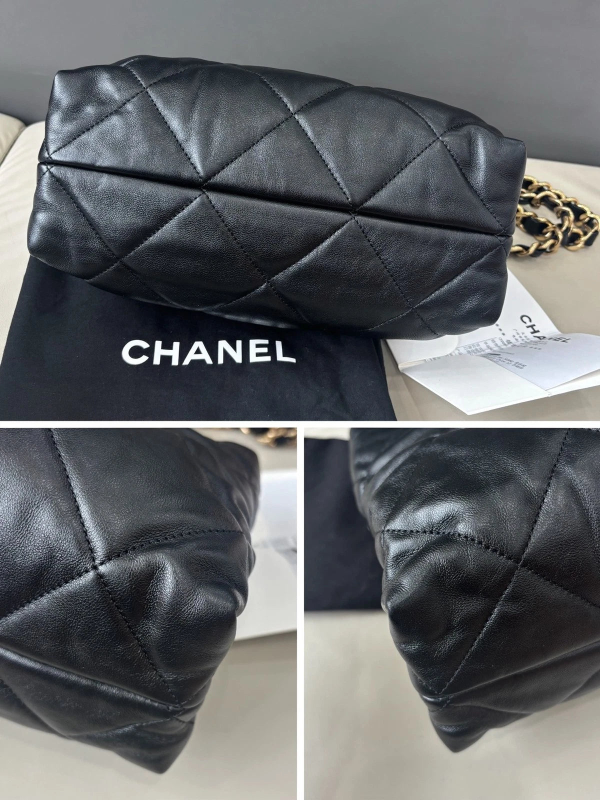 Excellent Chanel Tote Diamond Black Chain Shoulder Bag Gold Hardware