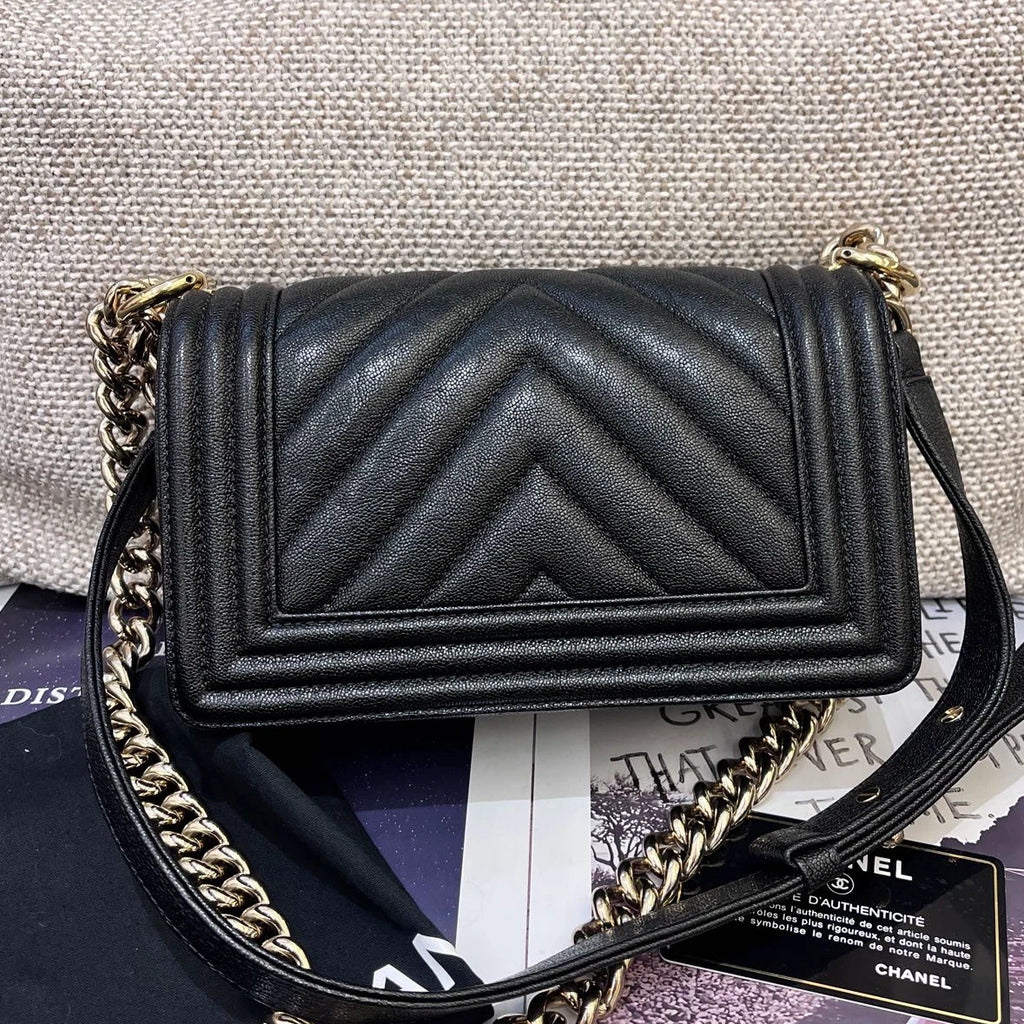 Chanel Leboy PM Calfskin Chain Shoulder Crossbody Black Gold Chevron Women