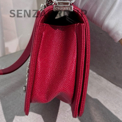 Chanel Red Silver Medium Le Boy Chain Shoulder Crossbody Bag
