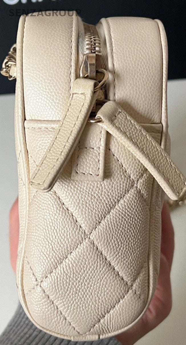 Chanel Calfskin PM Chain Shoulder Bag Crossbody Beige Silver Women Classic