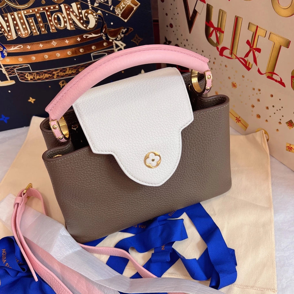 Louis Vuitton Capucines BB Top Handle Bag Crossbody Gray Pink Gold Women Classic