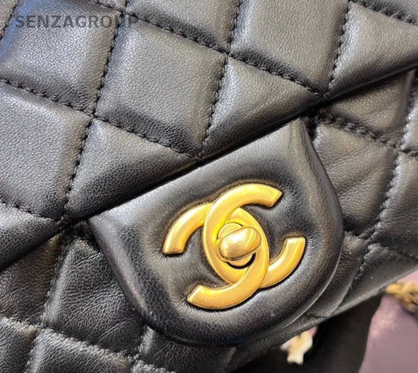 Chanel Classic Flap Lambskin Chain Shoulder Bag Crossbody Black Gold Women