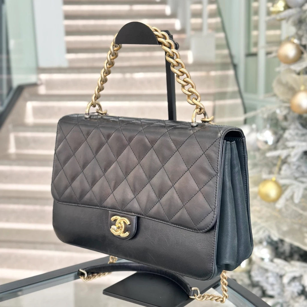 Chanel Calfskin GM Chain Top Handle Shoulder Bag Crossbody Black Gold Women S