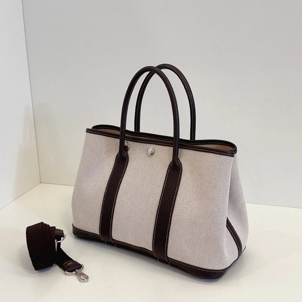 Hermes Garden Party30 Top Handle Shoulder Bag White Brown Silver Women Classic