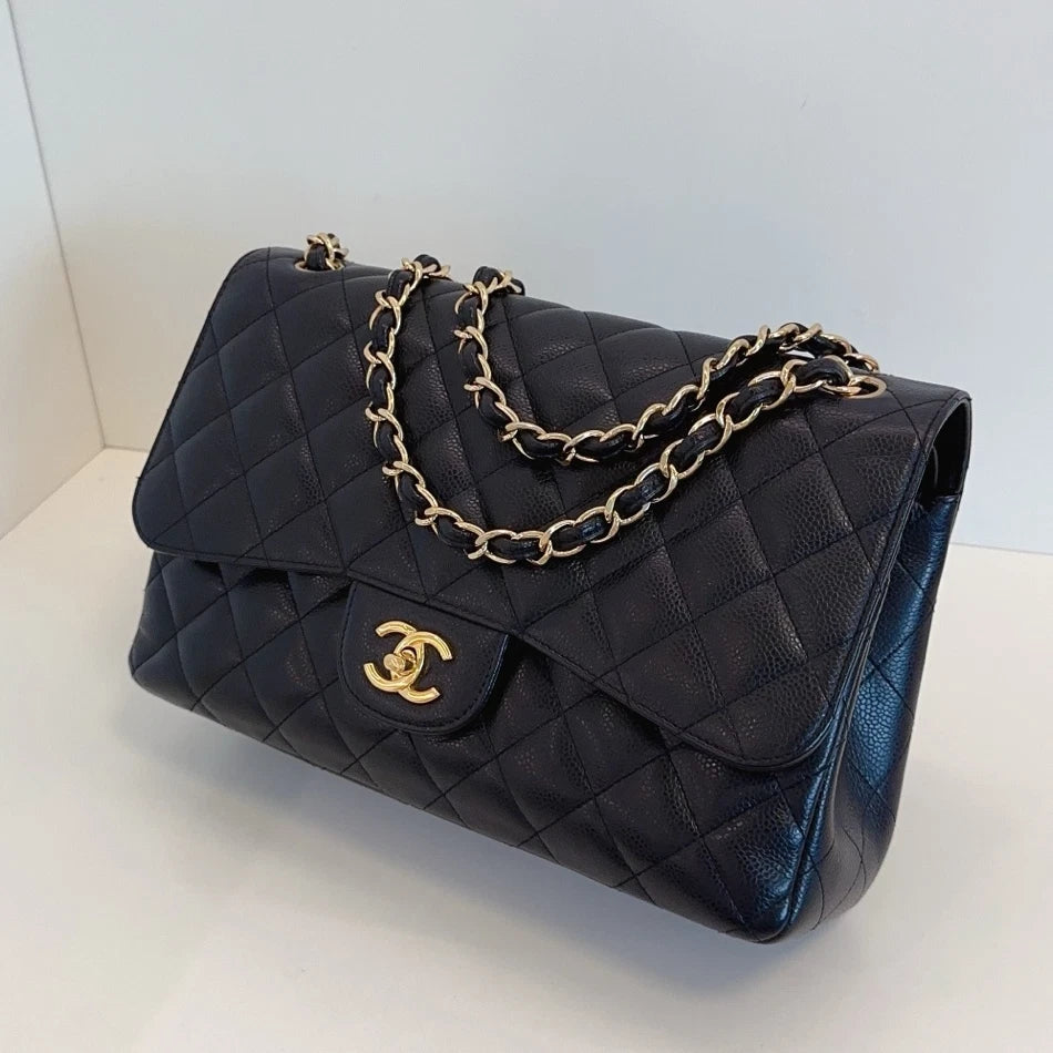 Chanel Classic Flap Jumbo Chain Shoulder Crossbody Black Gold Women Diamond