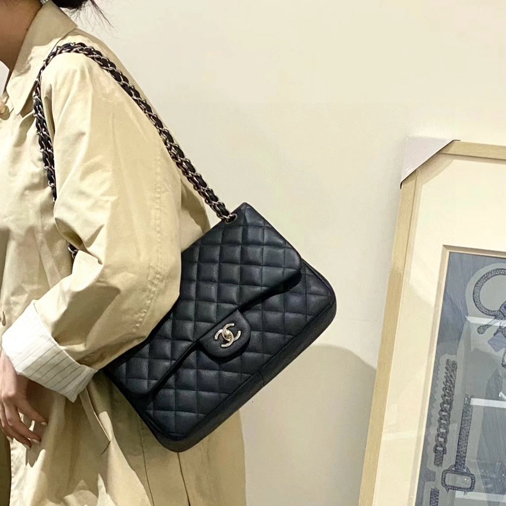Chanel Classic Flap Jumbo Chain Shoulder Crossbody Black Silver Women Diamond