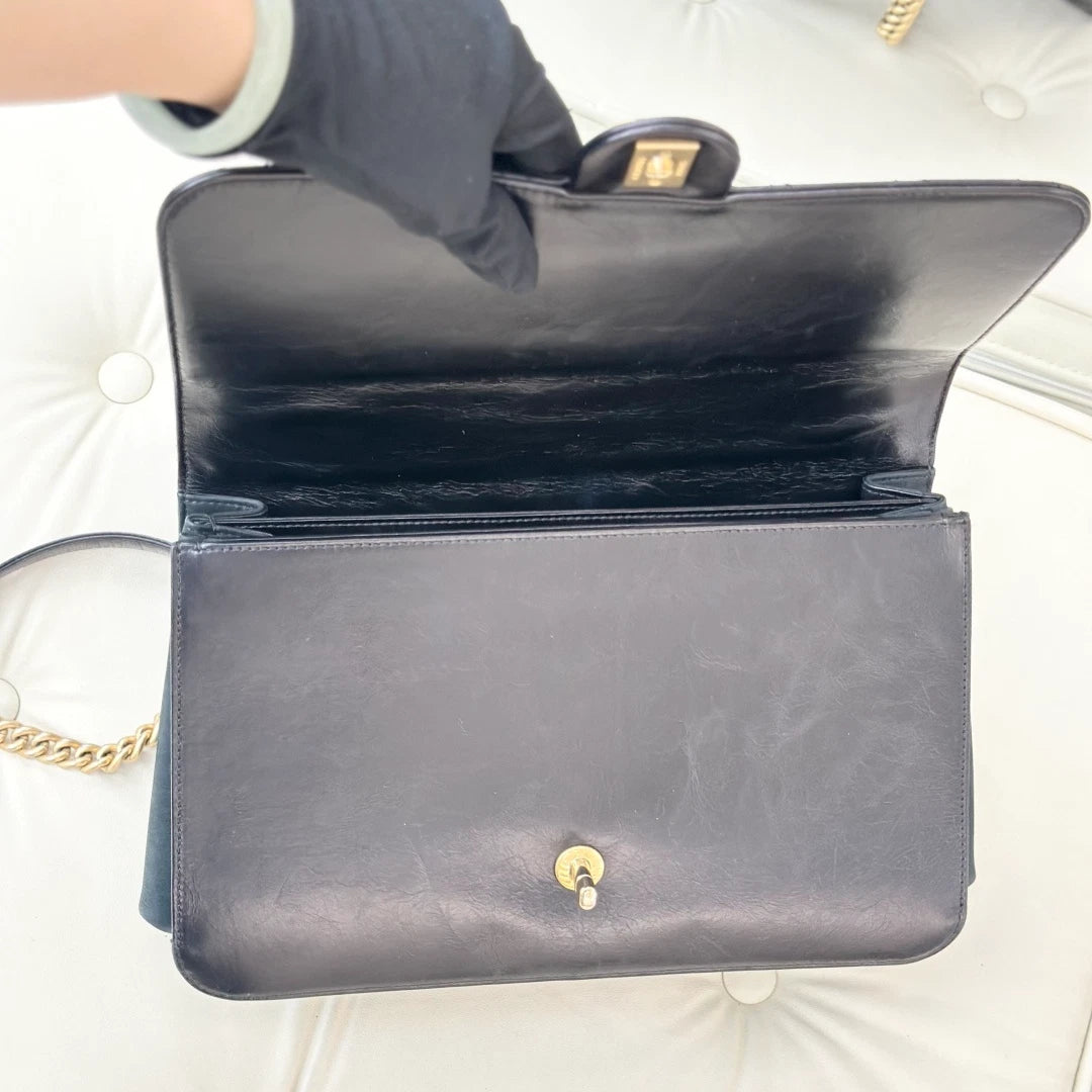 Chanel Calfskin GM Chain Top Handle Shoulder Bag Crossbody Black Gold Women S