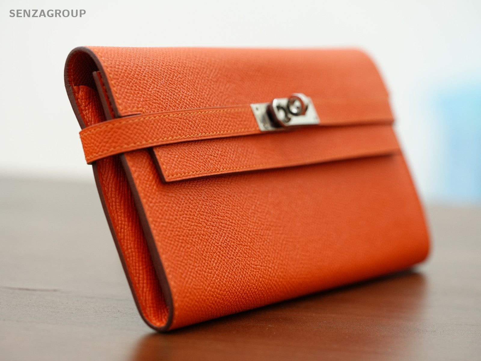 Hermes Kelly Wallet epsom Leather Orange Women Silver