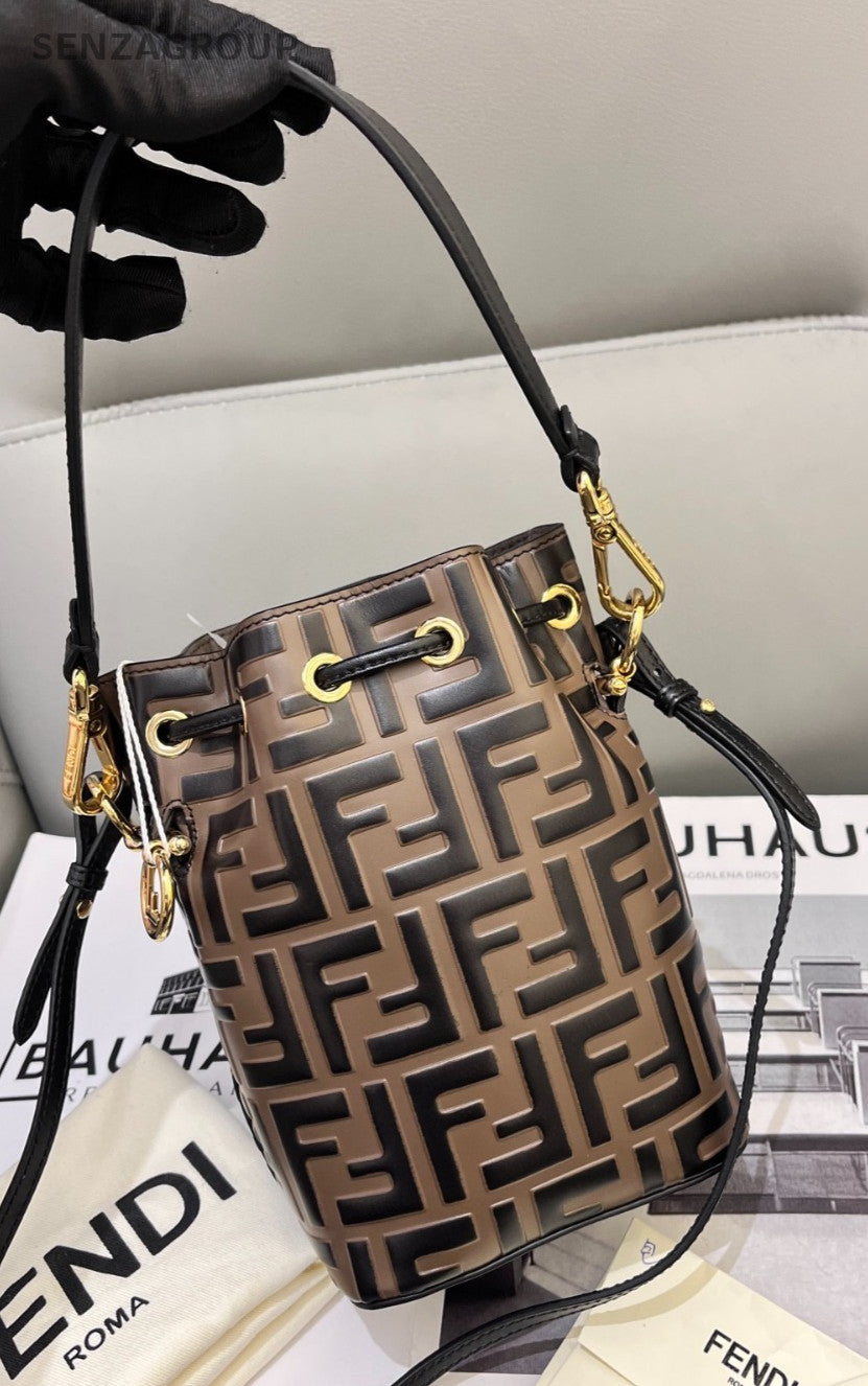 FENDI Mon Tresor Leather Monogram Mini Bucket Bag Shoulder Bag Women Brown