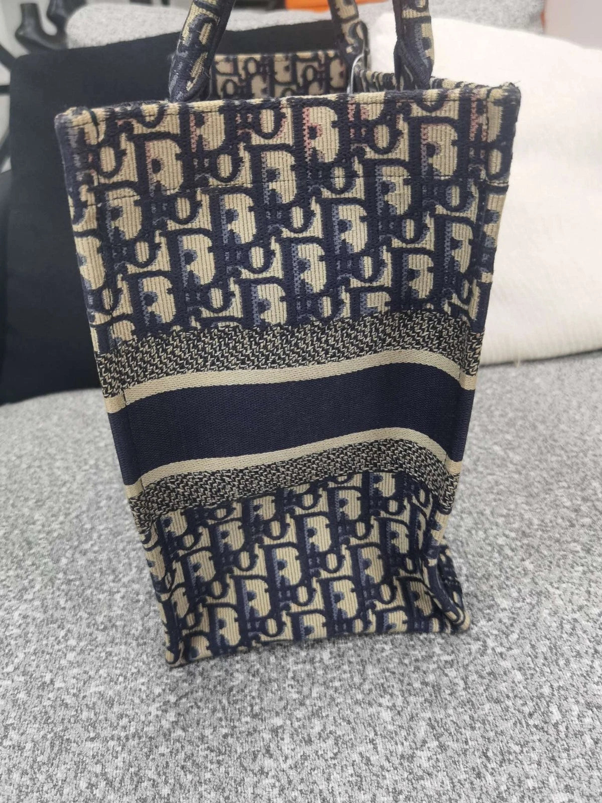 Authentic Dior Blue Denim Oblique Print Medium Tote Handbag For Women