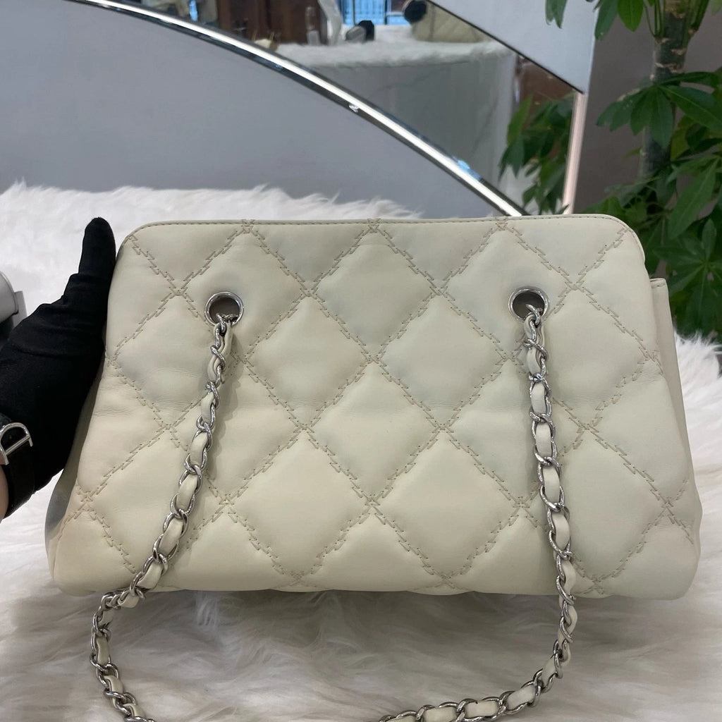 Chanel Large Double C Tote Chain Shoulder Bag Silver Quilted Classic Women
