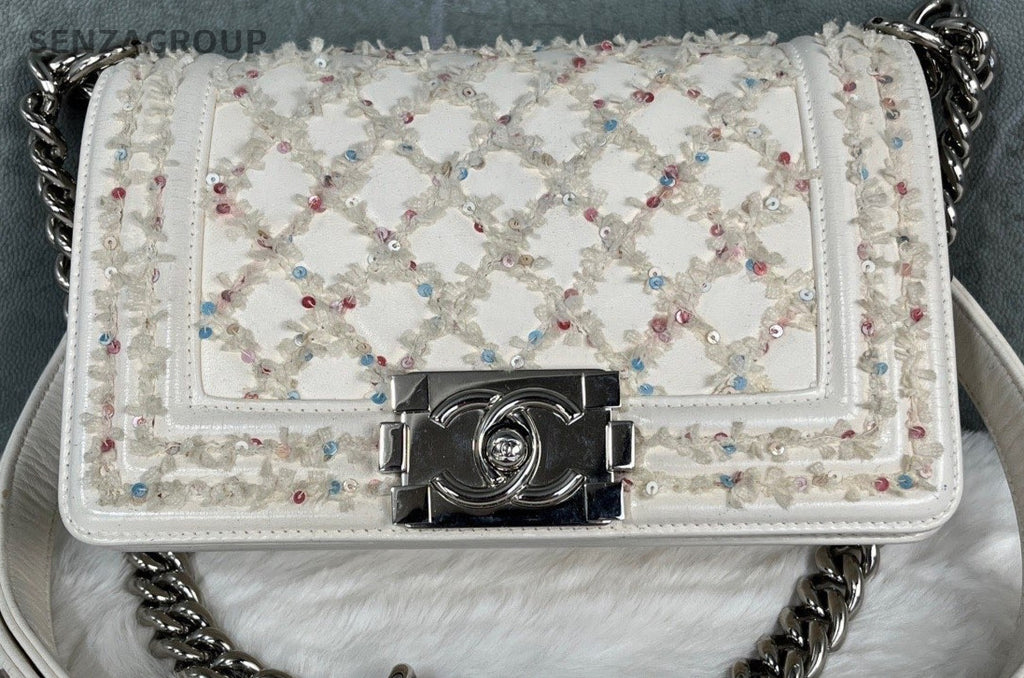 Chanel Calfskin Chain Shoulder Bag White Silver Red Used Women Classic