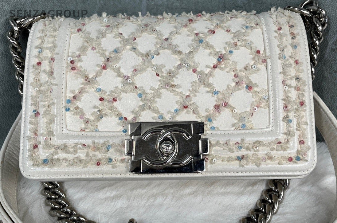 Chanel Calfskin Chain Shoulder Bag White Silver Red Used Women Classic