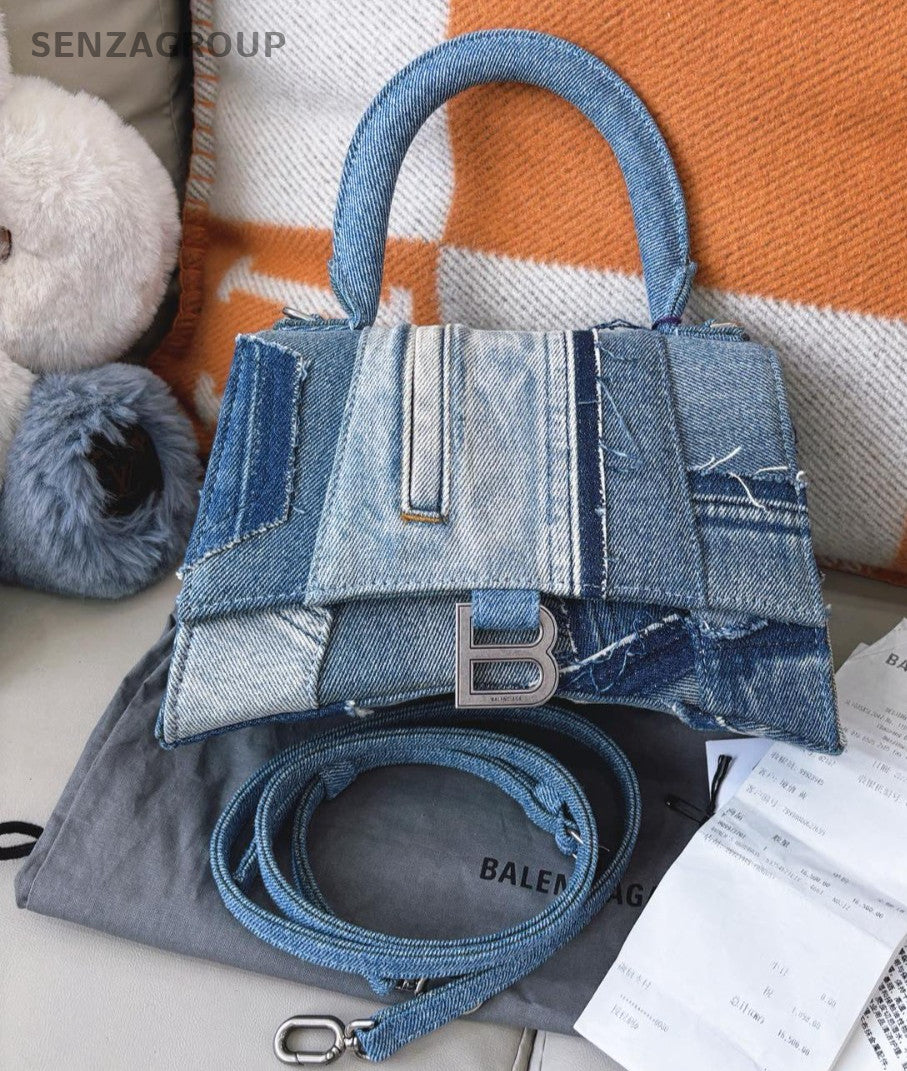Balenciaga Hourglass Denim Top Handle 2WAY Shoulder Handbag Women Blue