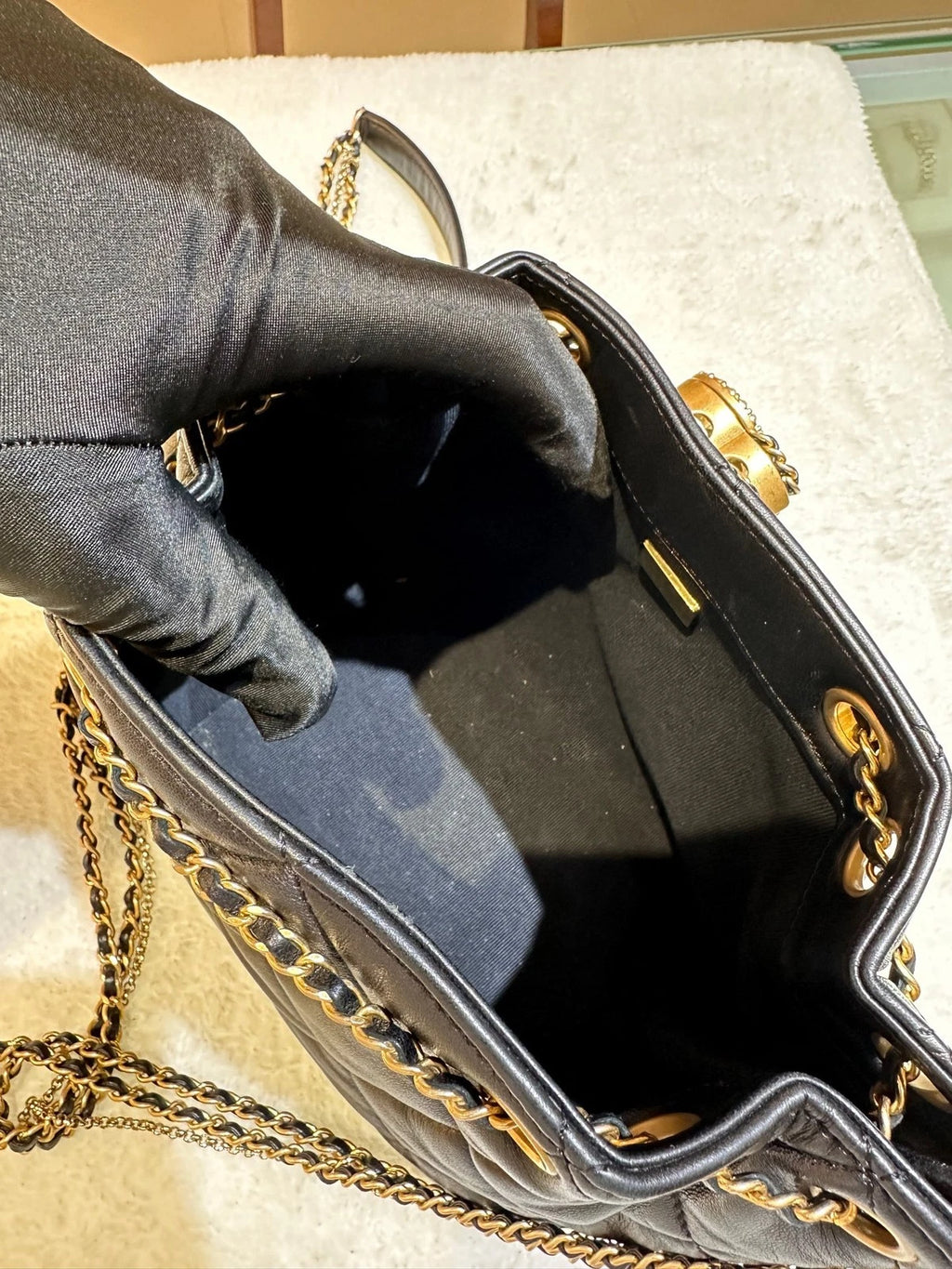 CHANEL Black Gold Leather Drawstring Bucket Bag For Women