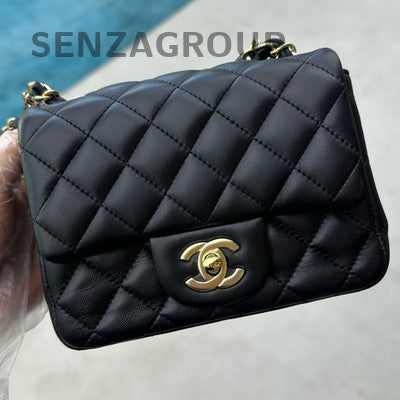Chanel 25S Black Gold Quilted Lambskin Mini Square Flap Bag Chain Crossbody