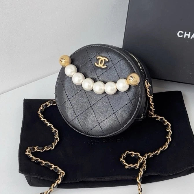 Excellent Chanel Pearl Round Bag Gold Chain Black Shoulder Bag Crossbody