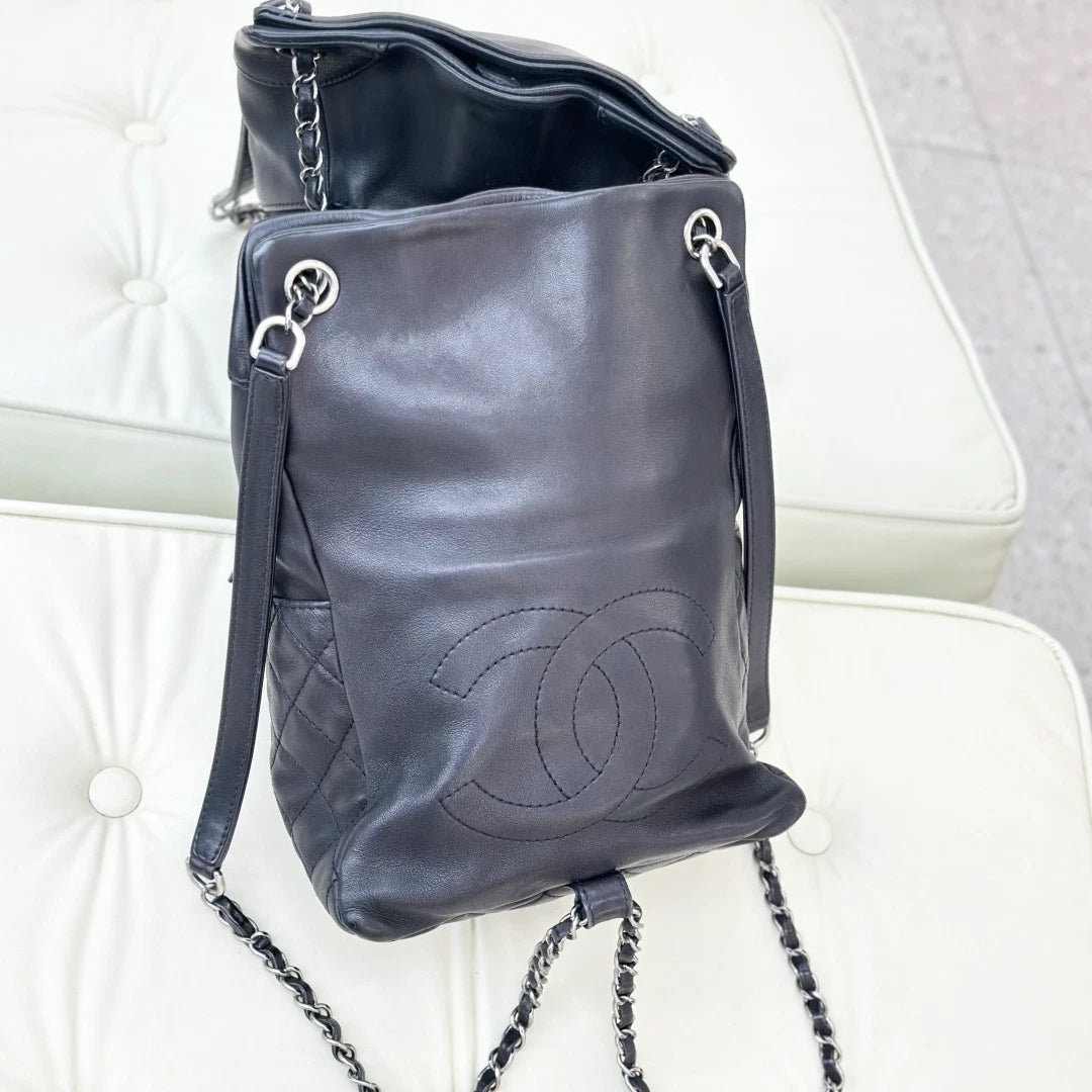 Chanel Diamond Calfskin Chain Backpack Black Silver Women Classic