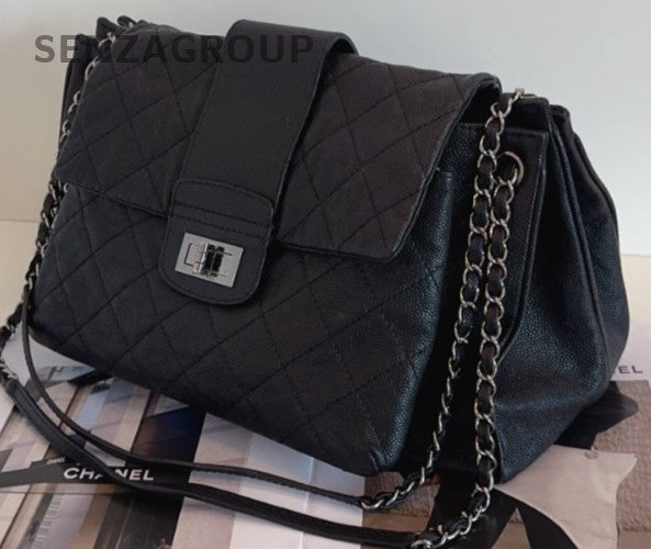 Chanel 2.55 Chain Calfskin Tote Shoulder Bag Black Silver Used Women Classic