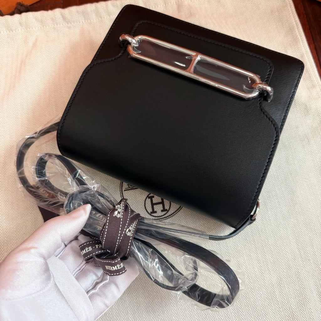 Hermes Roulis Mini Evergrain Leather Shoulder Crossbody Black Silver Women