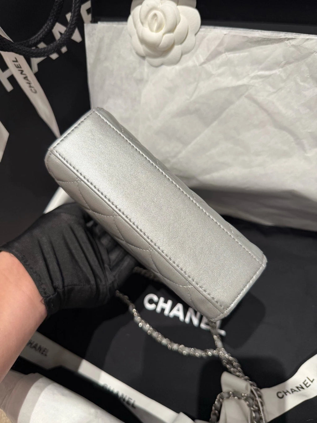 New Chanel Kelly Silver Lambskin Chain Top Handle Bag For Women