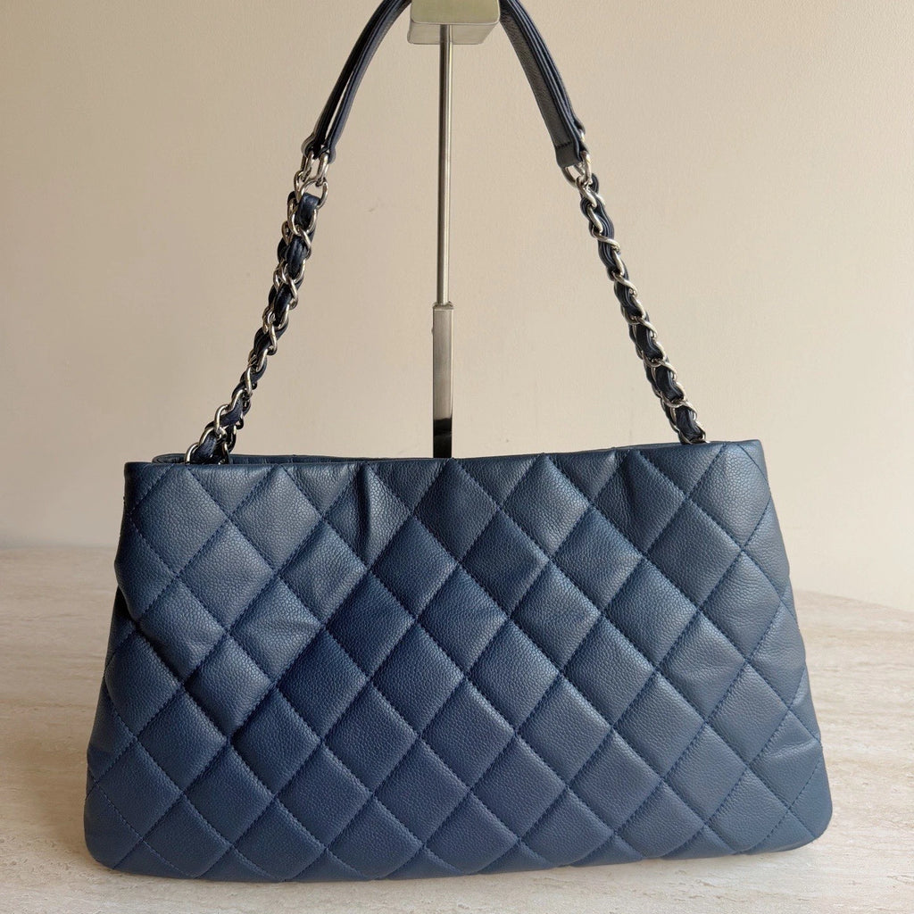Chanel CC Logo Diamond Calfskin Leather Tote Navy Silver Chain Shoulder Bag