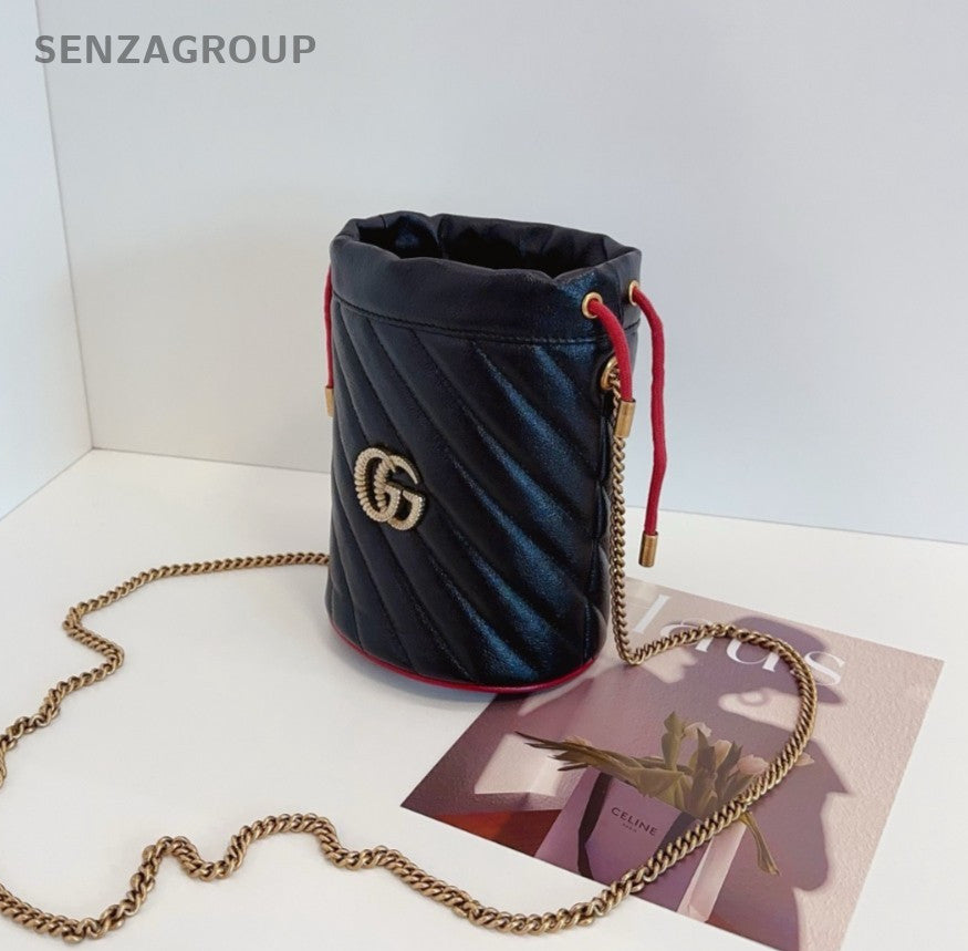 GUCCI Marmont mini Bucket Drawstring Chain Shoulder bag Crossbody Women Black