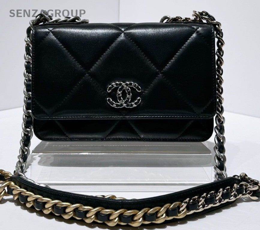Chanel 19 WOC Lambskin Shoulder Bag Crossbody Black Silver Women Classic Vintage